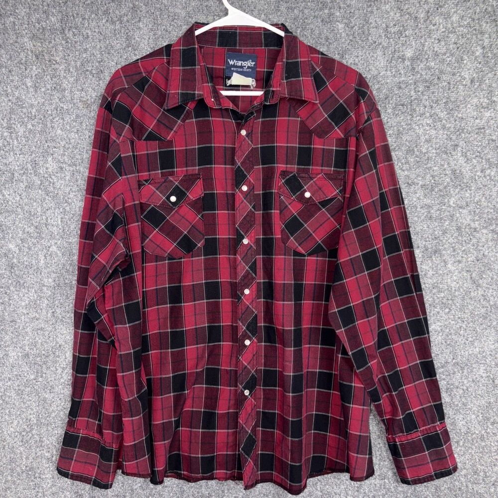 Wrangle Shirt Mens Size XL Red Plaid Pearl Snap Western Cowboy Casual